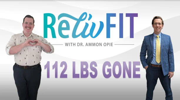 ReLiveFit weight loss transformation showing before and after photos with the text "112 LBS GONE."